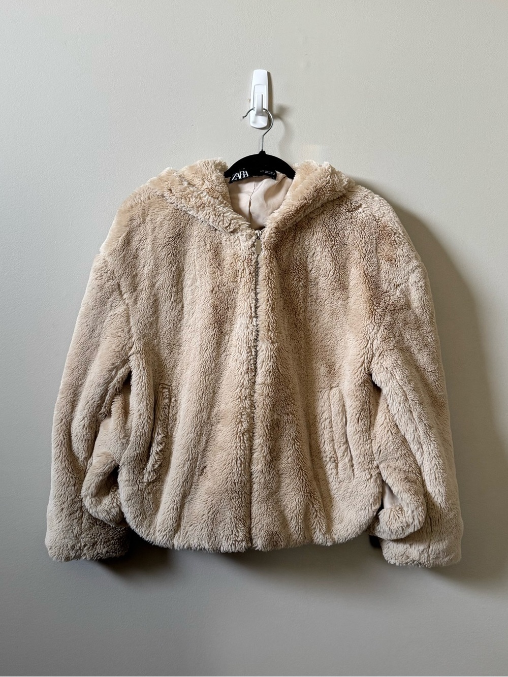 Zara tan zip up oversized soft fuzzy teddy jacket